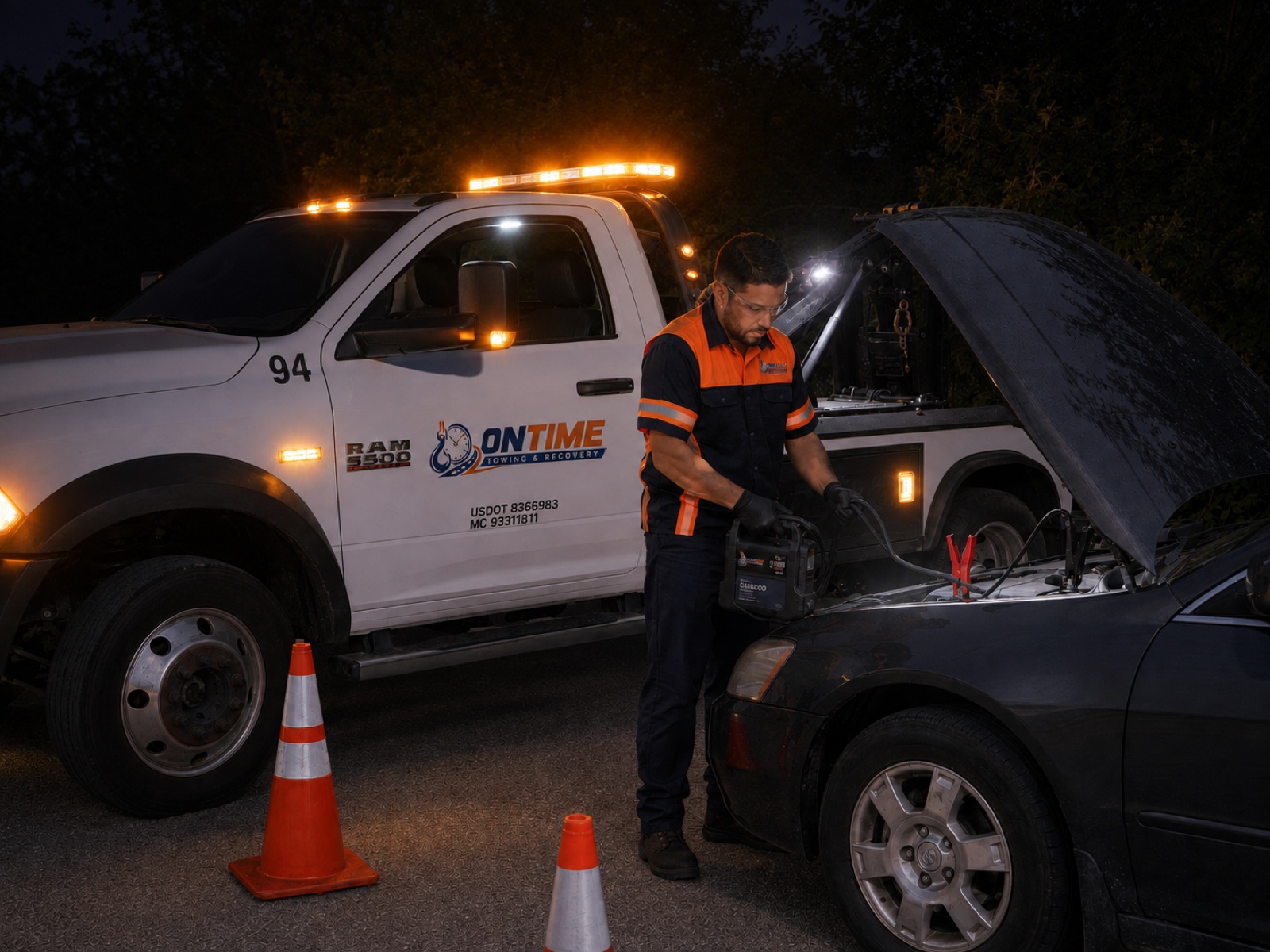 ONTIME operator jump-starting a vehicle at night under illuminated amber strobes and work lights